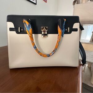 Black and Cream Briefcase with Orange Silk Scarf and Decorative Lock